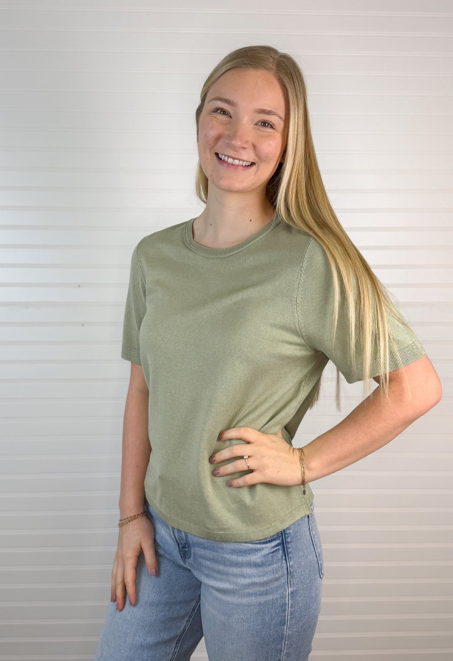 Relaxed Short Sleeve Sweater Top - Sage