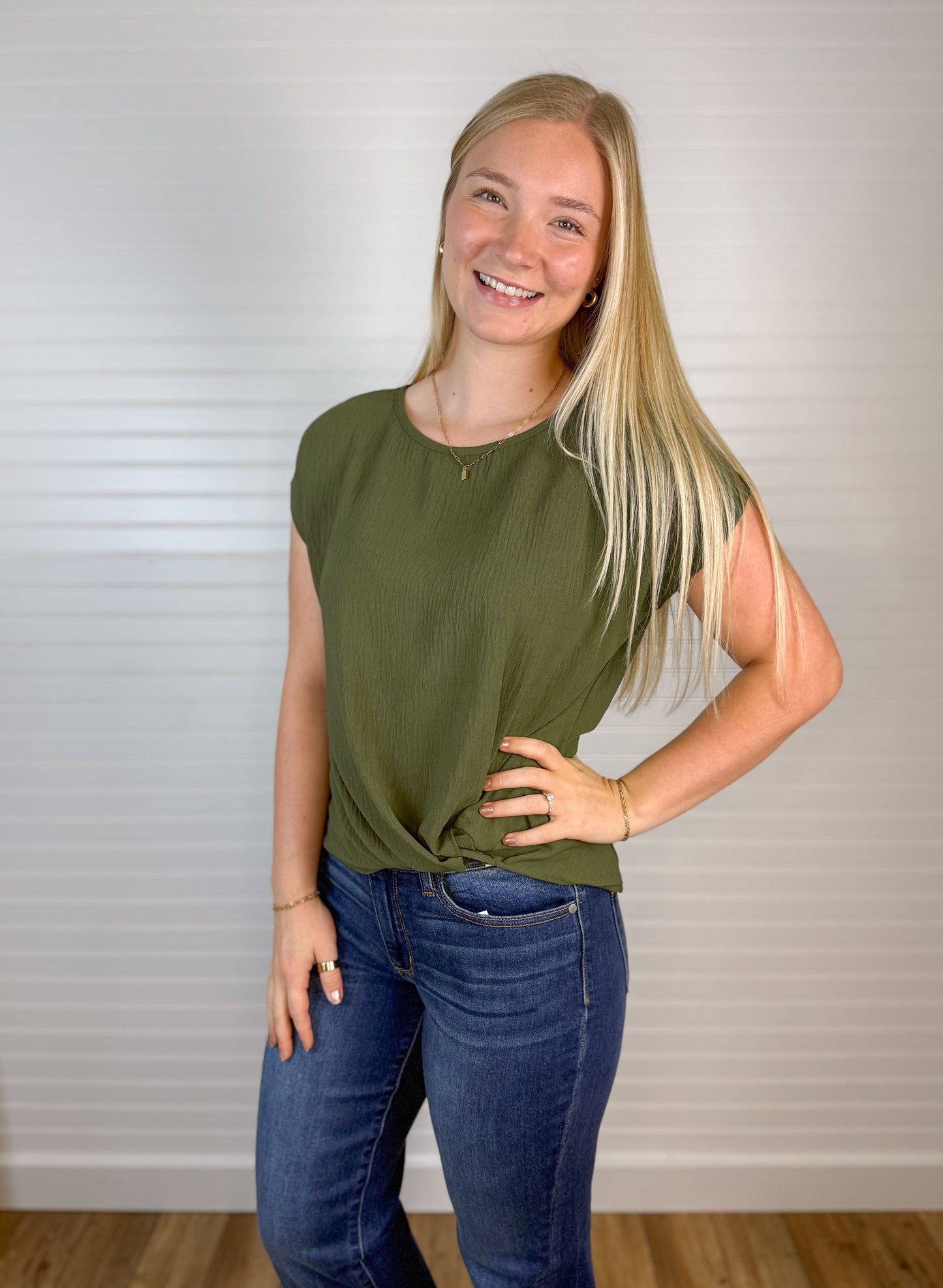 Twist Front Short Sleeve Blouse - Olive