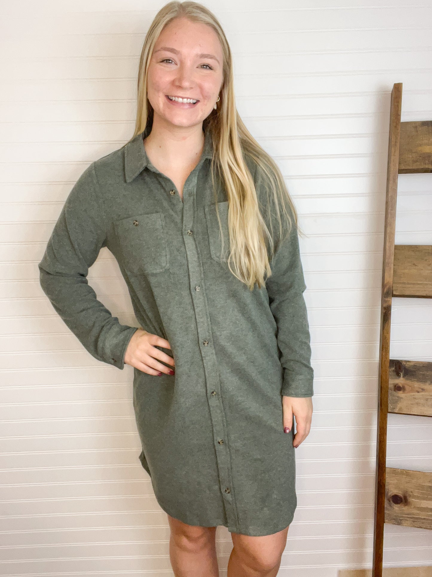 Leslie Soft Button Down Dress - Heather Olive