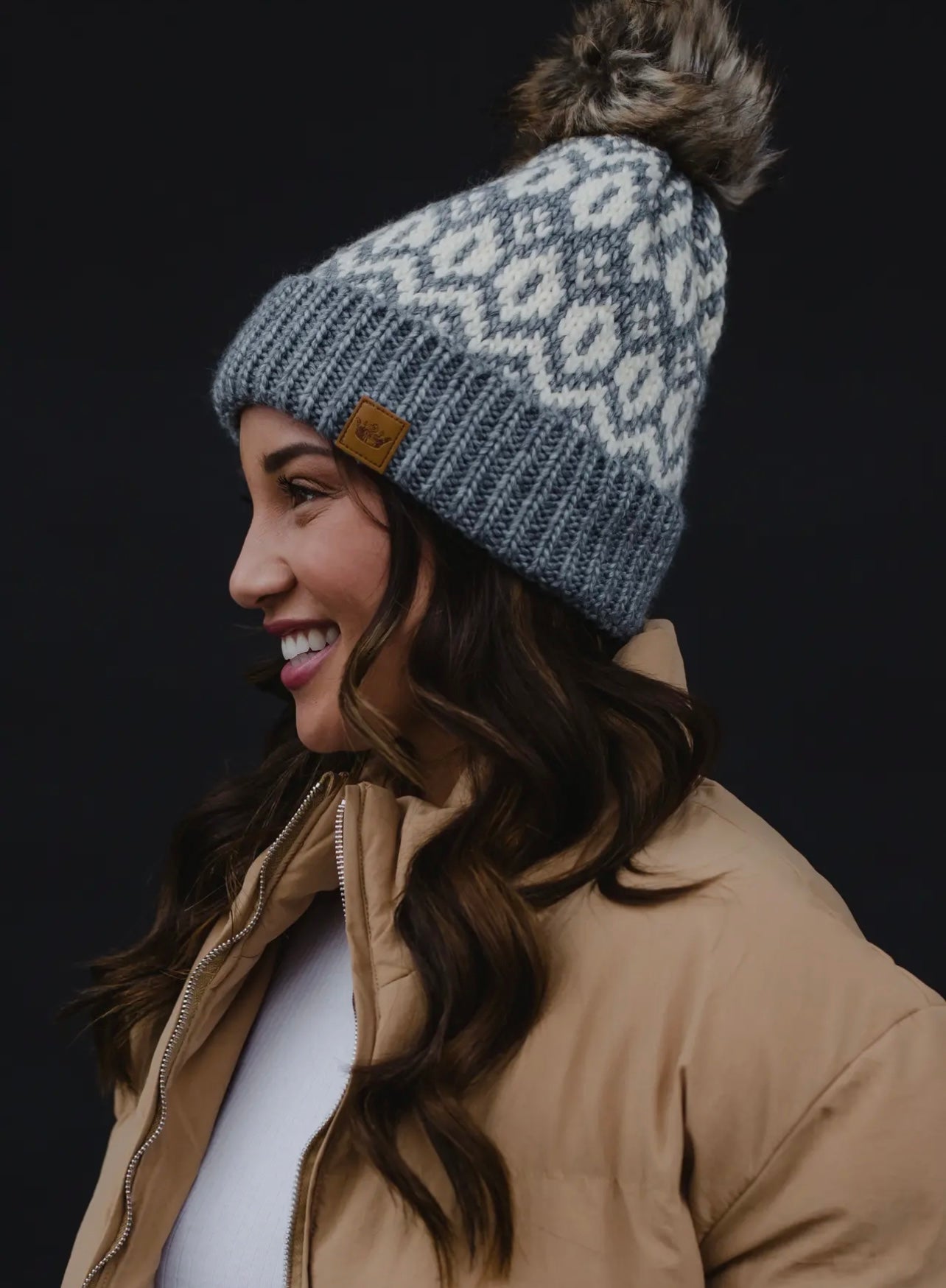 Pattern Knit Hat - Gray & Cream