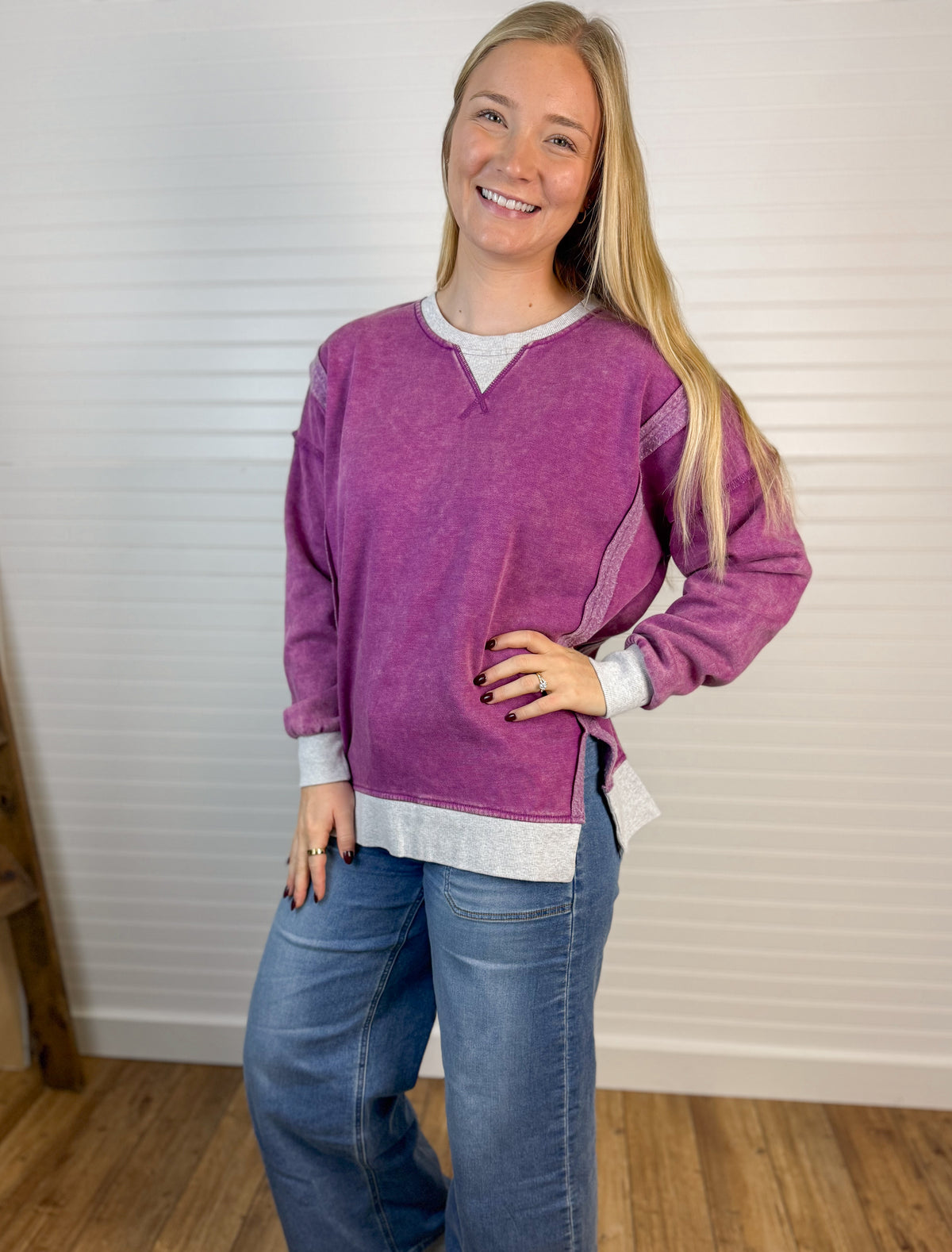 Fleece Acid Washed Contrast Pullover - Plum