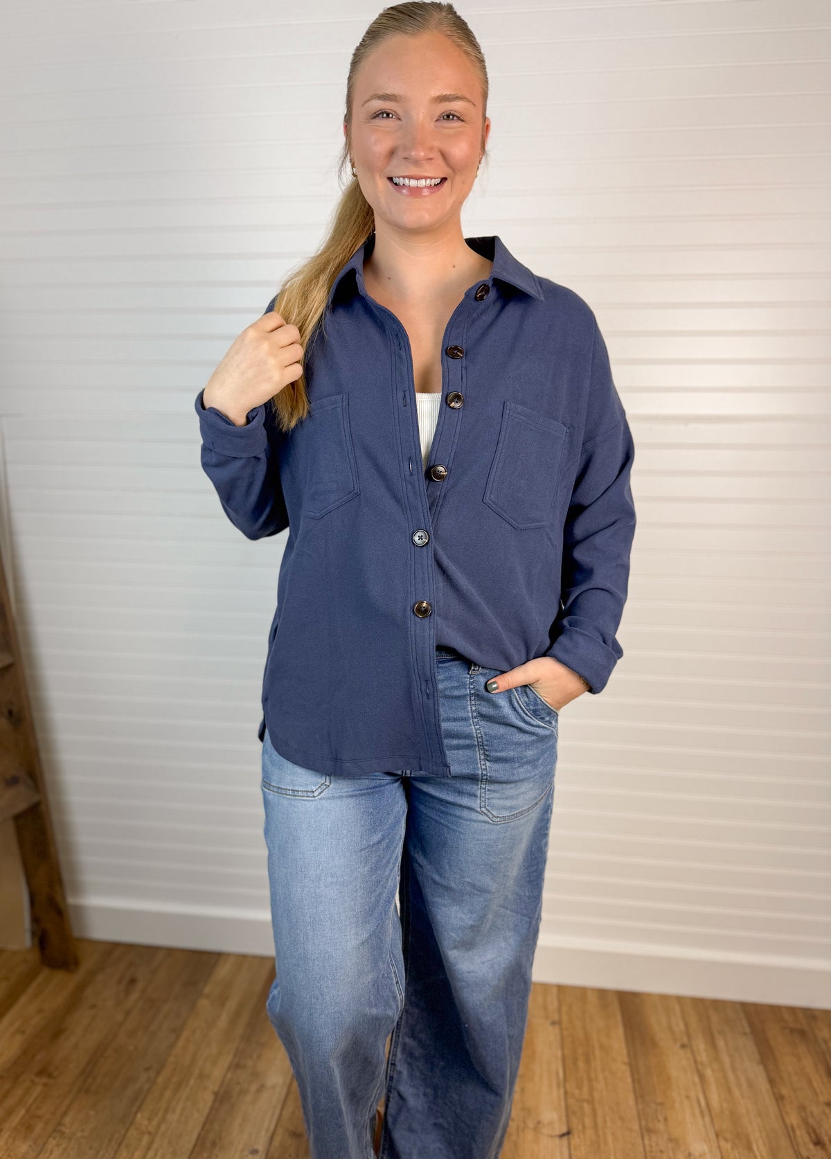 Micro Brushed Shacket - Denim Blue