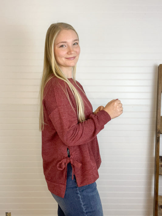 Long Sleeve Side Ribbon Top - Wine