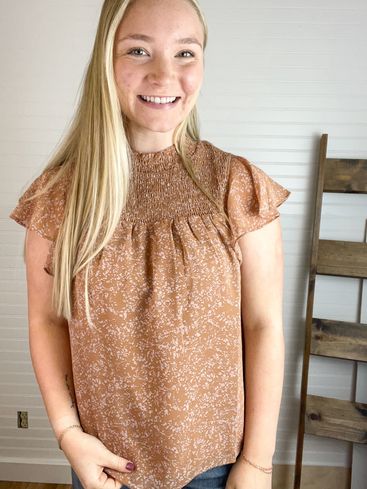 Floral Smocked Blouse - Clay