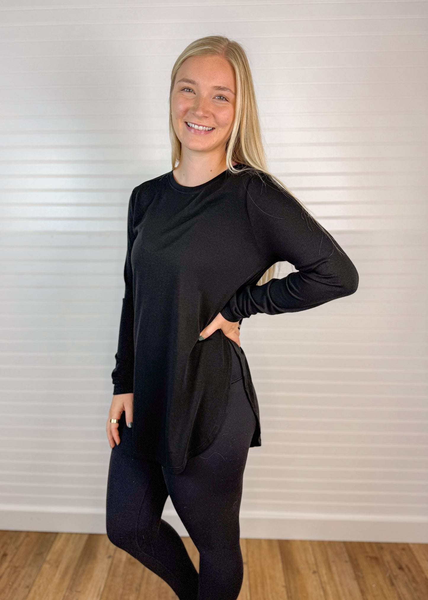 Long Sleeve Flow Long Top - Black