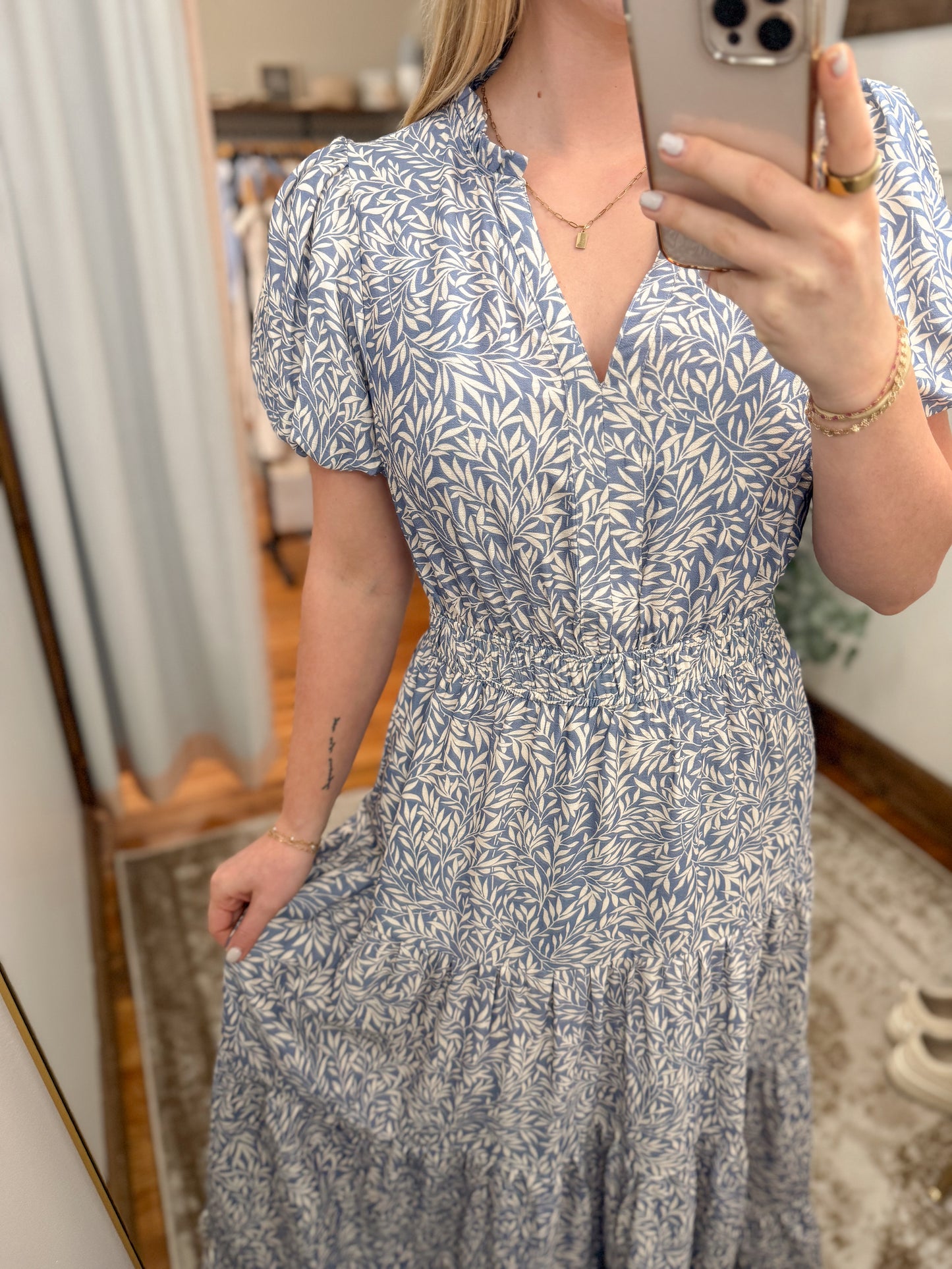 Leaf Flowy Bubble Sleeve Maxi Dress - Blue