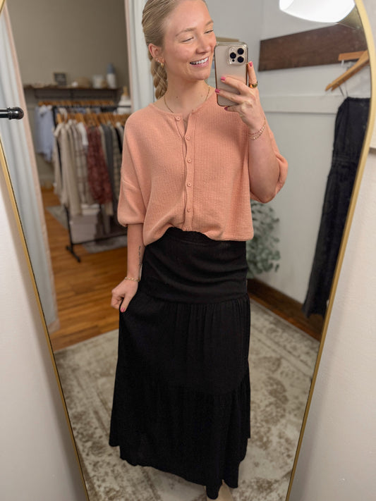 Smocked Waist Tiered Skirt - Black