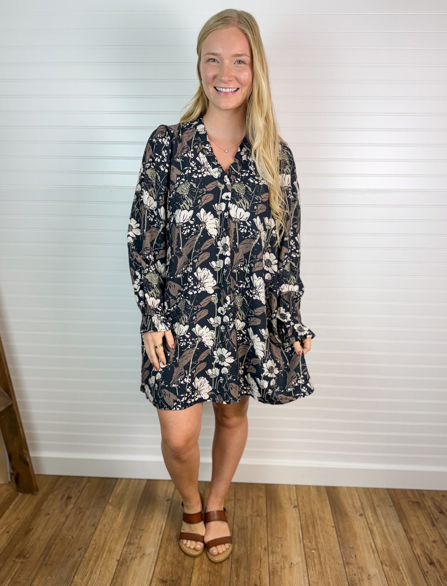 Frilled V-Neck Floral Dress - Brown