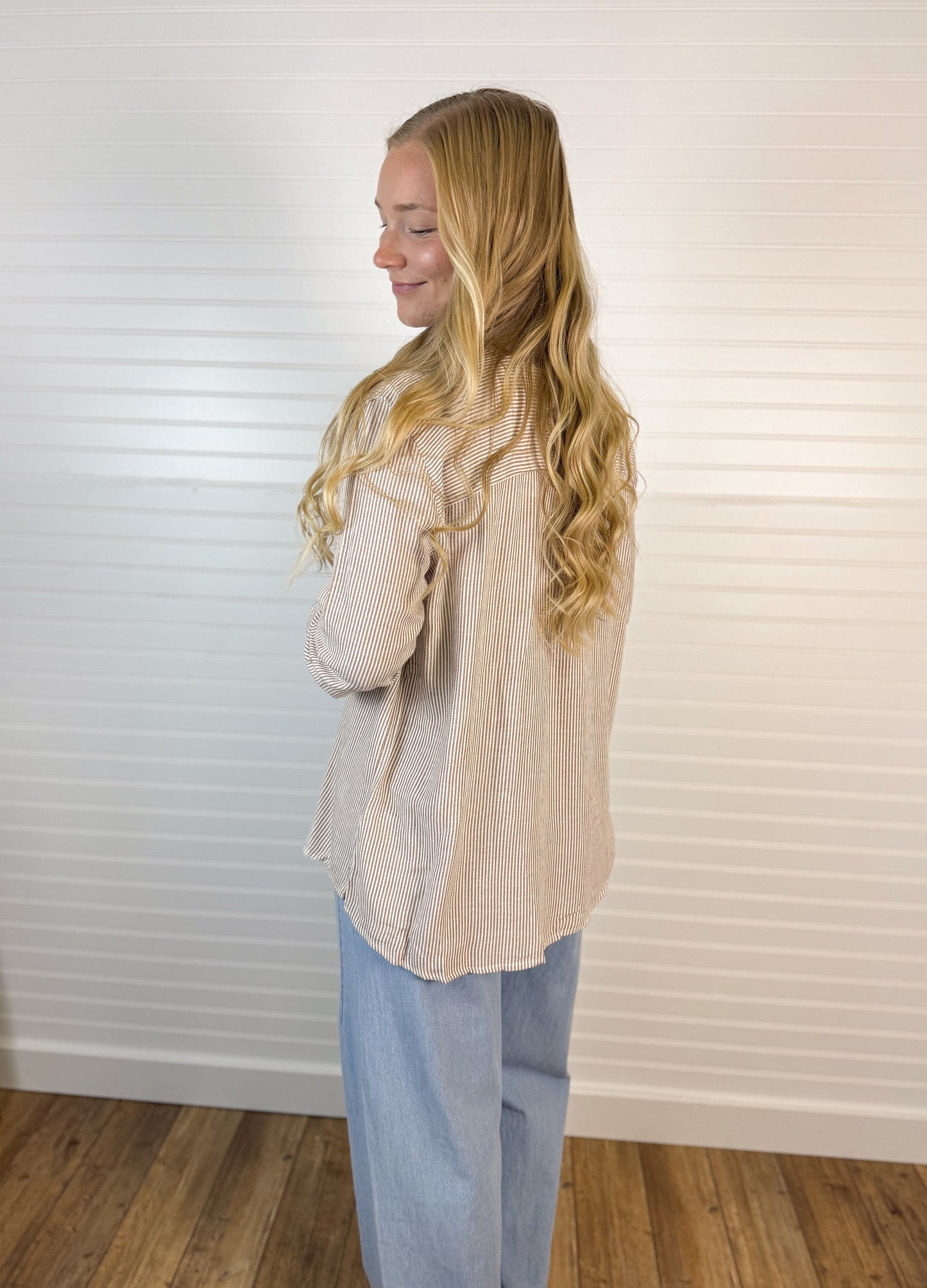 Linen Blend Stripe Relaxed Top - Mocha