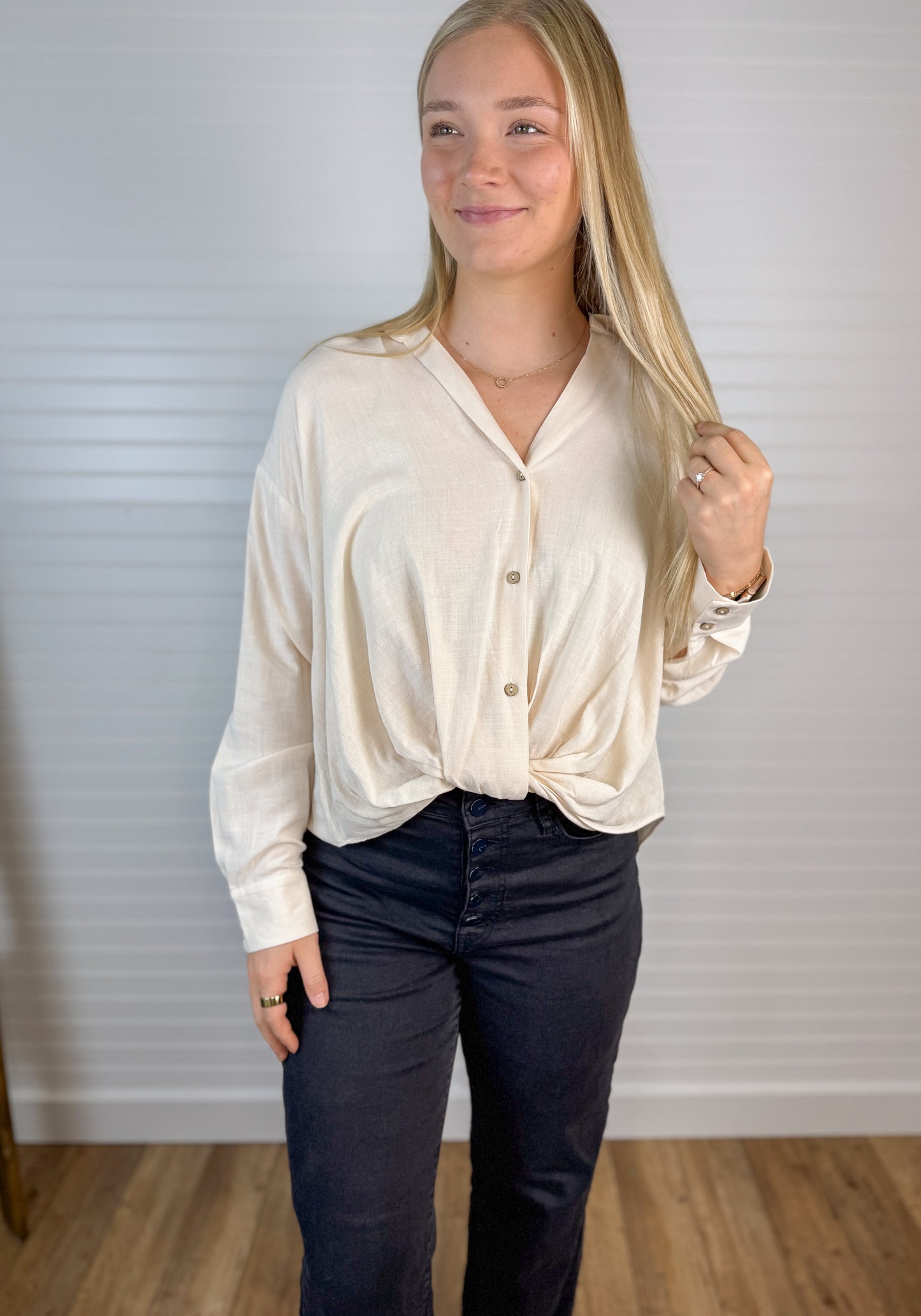 Twist Front Button Up Blouse - Vanilla