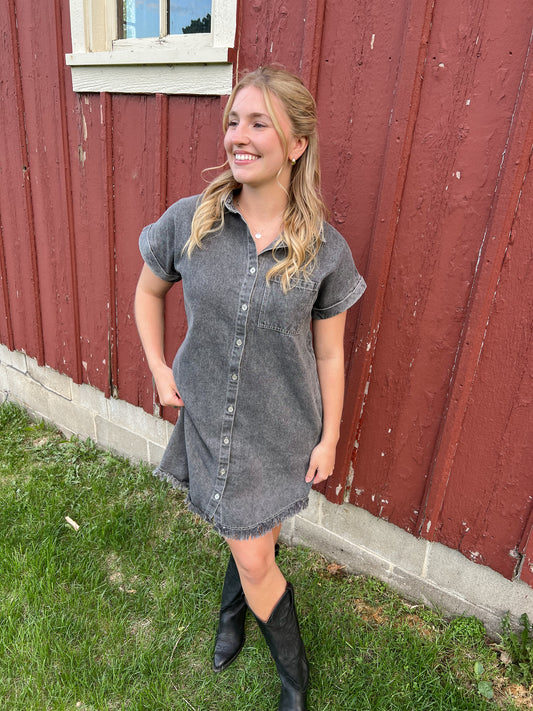 Frayed Hem Denim Dress - Black