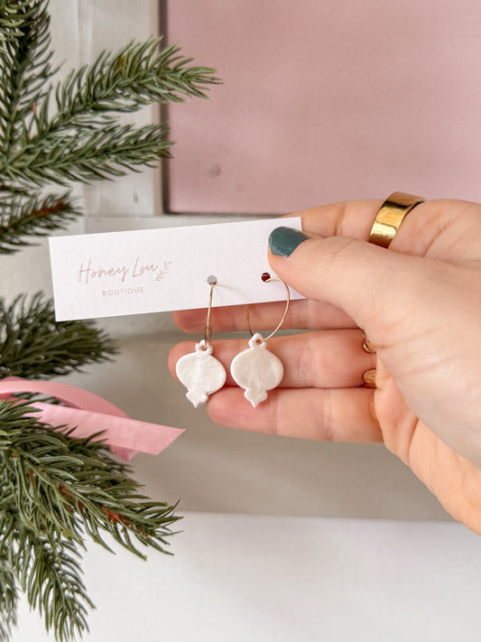 Ornament Hoop Clay Earrings - Shimmer White