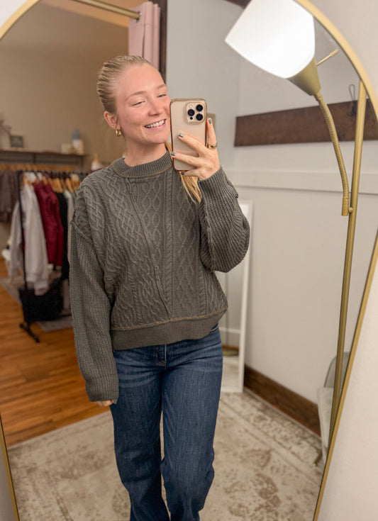 Contrast Stitching Cable Knit Sweater - Spruce