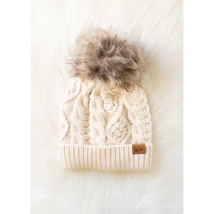 Cable Knit Pom Hat - Beige