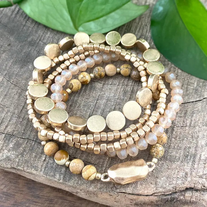 Boho Beaded Bracelet Stack - Taupe