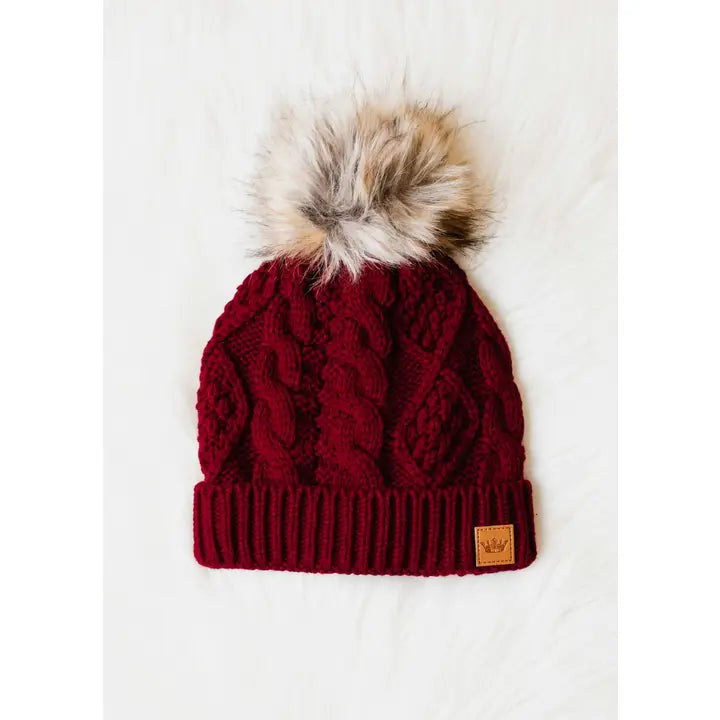 Cable Knit Pom Hat - Burgundy