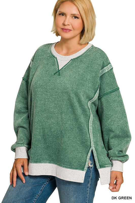 PLUS Fleece Acid Washed Contrast Pullover - Green