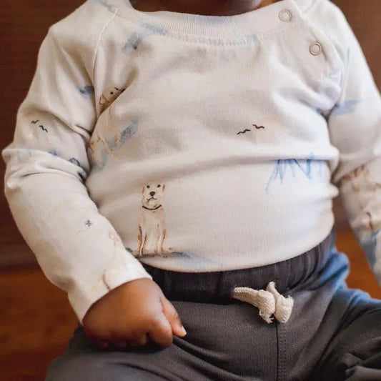 Long Sleeve Cotton Onesie - Ivory/Dogs