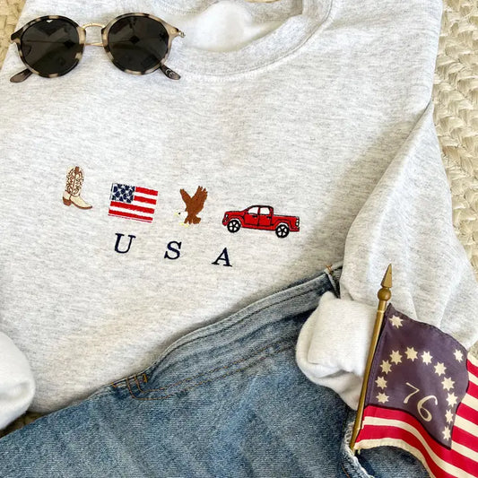 USA Embroidered Icons Sweatshirt - Ash