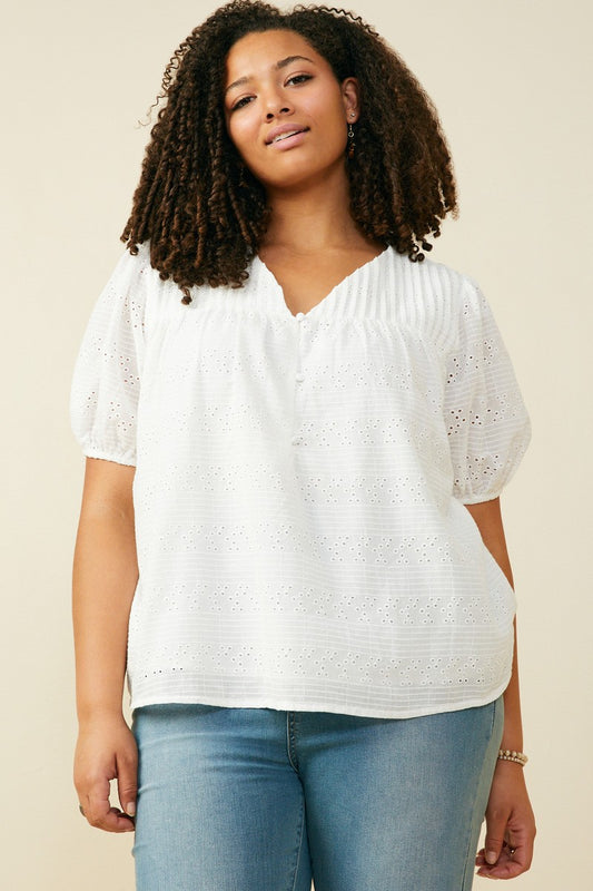 PLUS Pleated V-Neck Eyelet Blouse