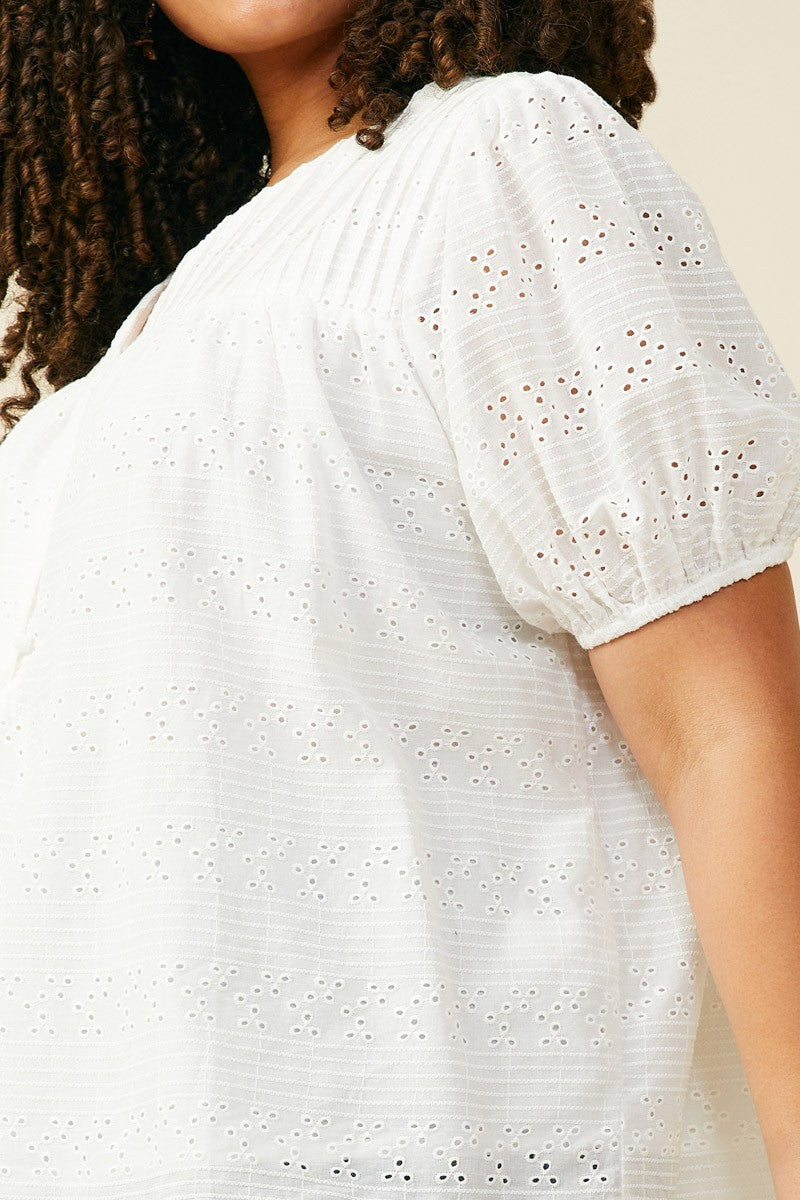 PLUS Pleated V-Neck Eyelet Blouse