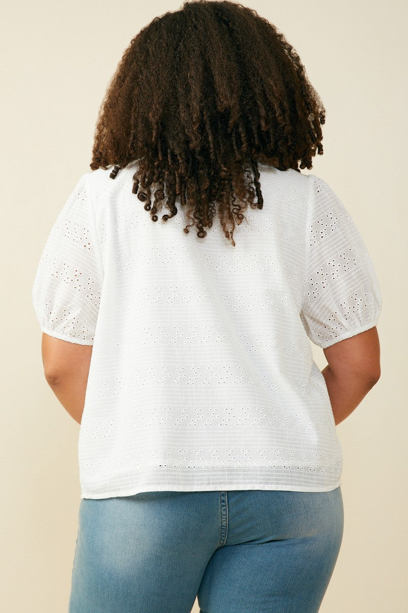 PLUS Pleated V-Neck Eyelet Blouse