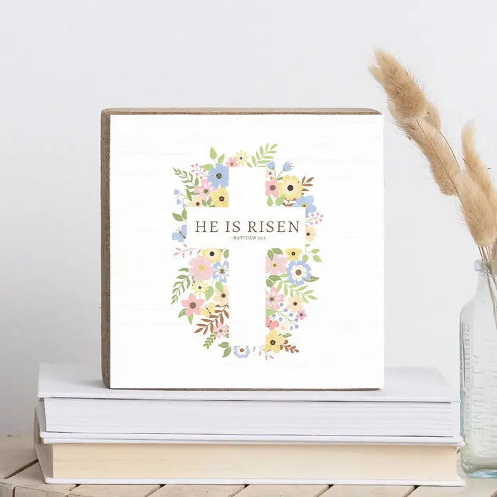 He is Risen Cross Wood Decor Block