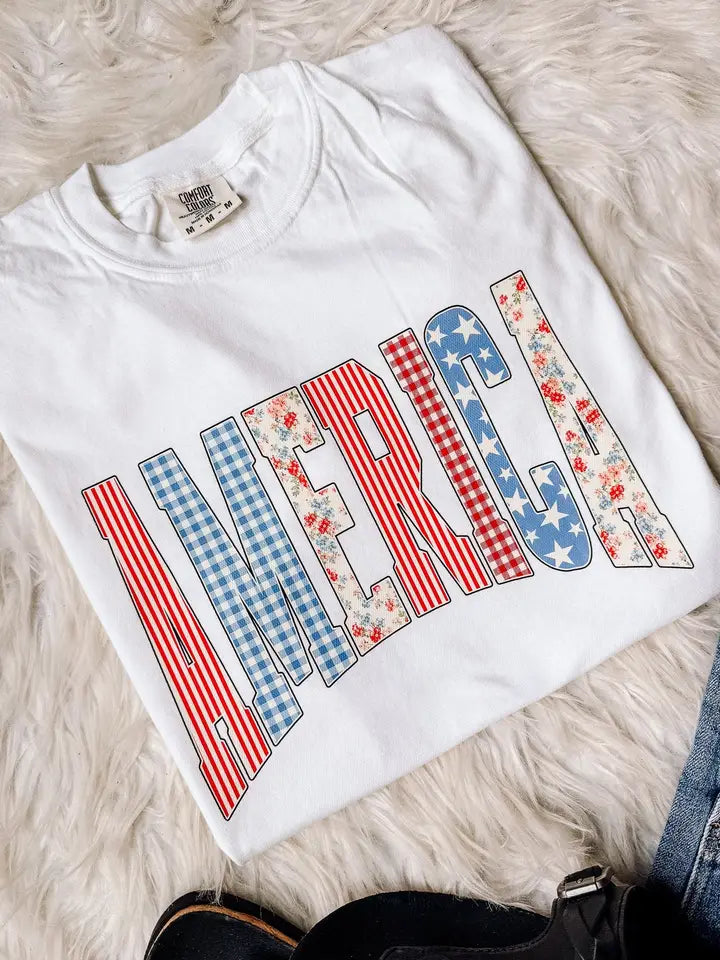 America Striped Gingham Graphic Tee - White