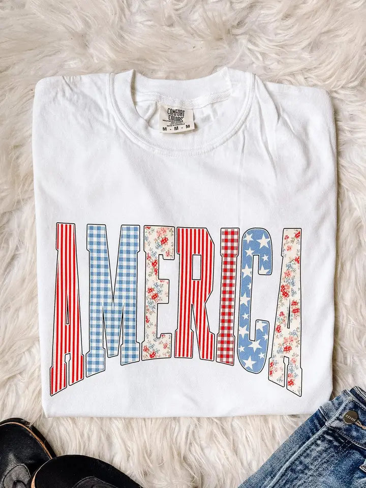 America Striped Gingham Graphic Tee - White
