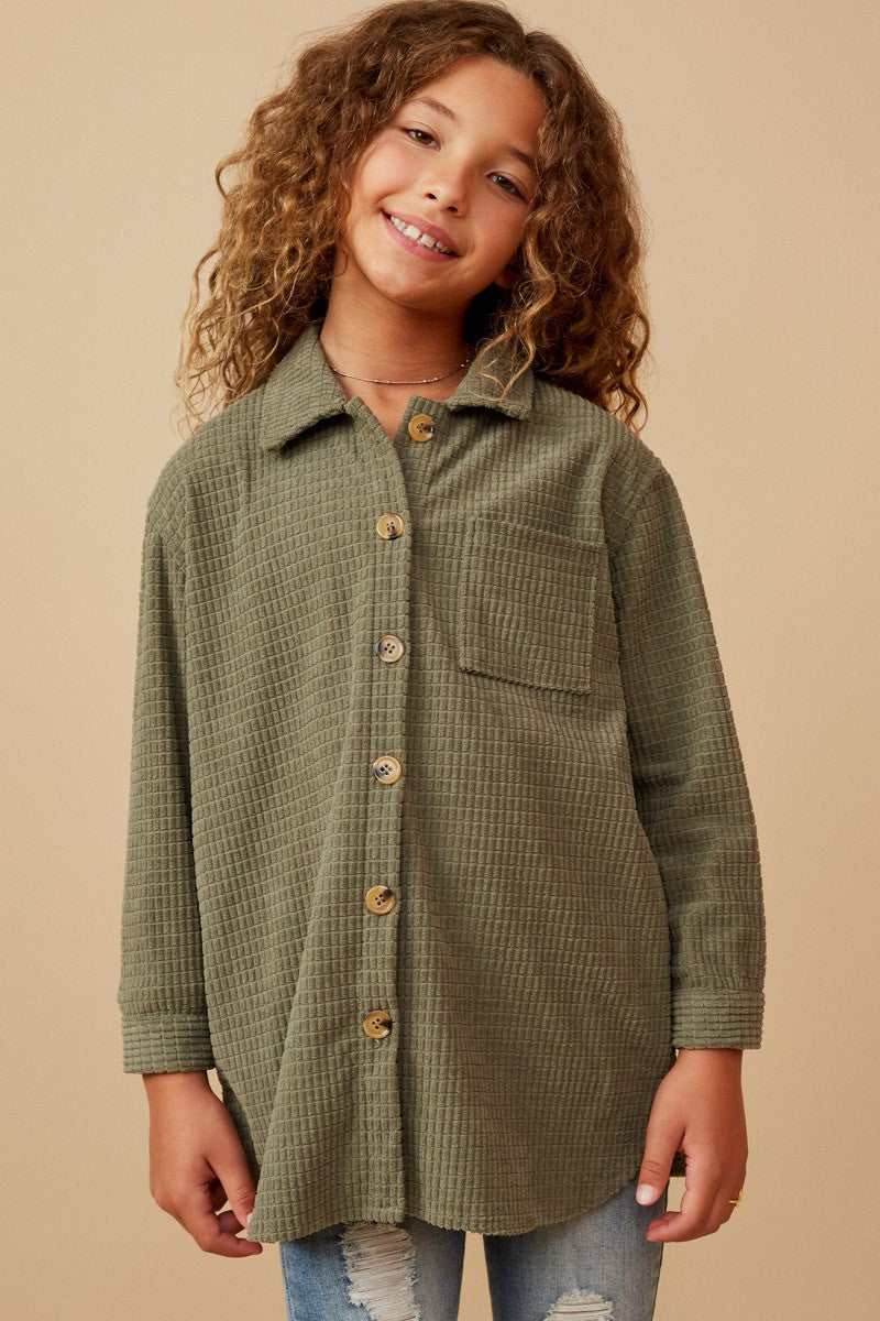 Girls Velvet Yarn Shacket - Olive