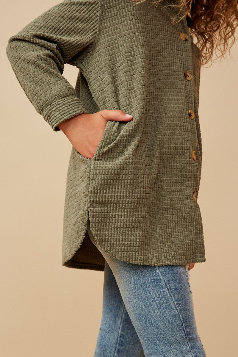 Girls Velvet Yarn Shacket - Olive