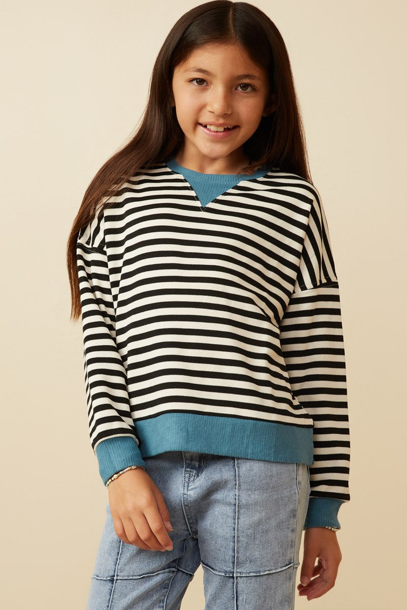 Girls Contrast Stripe Top - Black/Blue