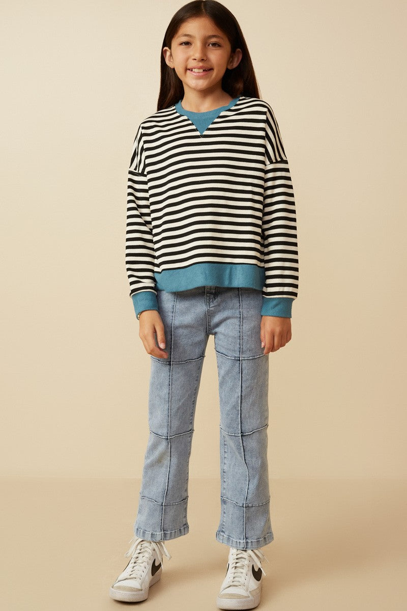 Girls Contrast Stripe Top - Black/Blue