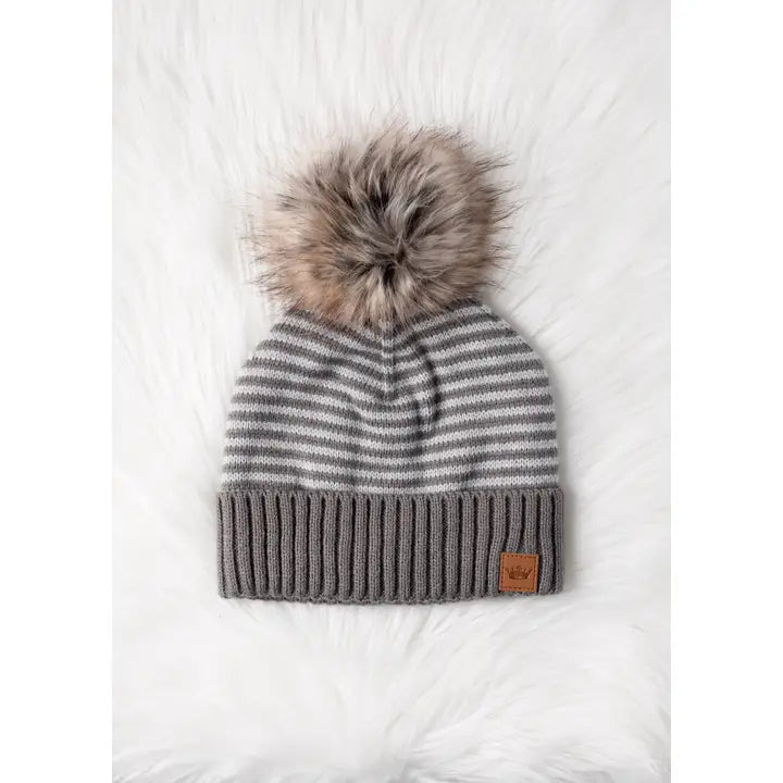 Knit Striped Pom Hat - Grey