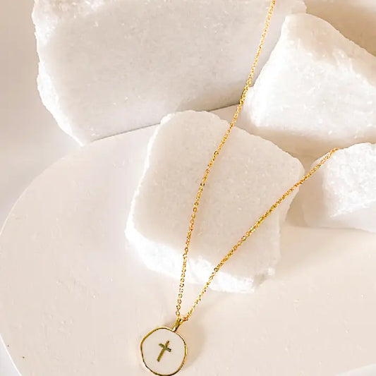 Dainty Cross Necklace - 18k Gold Plated/White