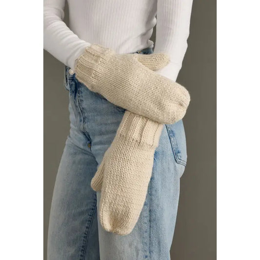Fleece Lined Knit Mittens - Beige