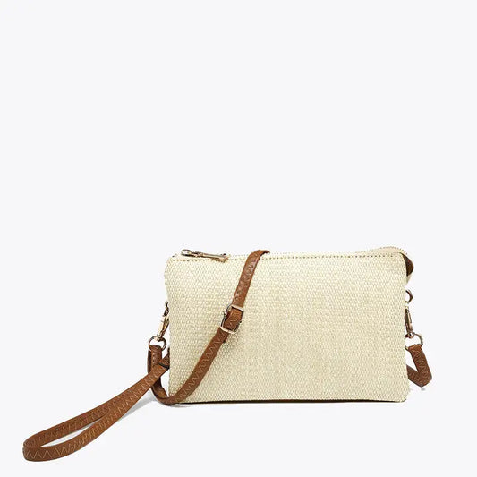 Straw 3 Compartment Crossbody/Wristlet - White/Brown