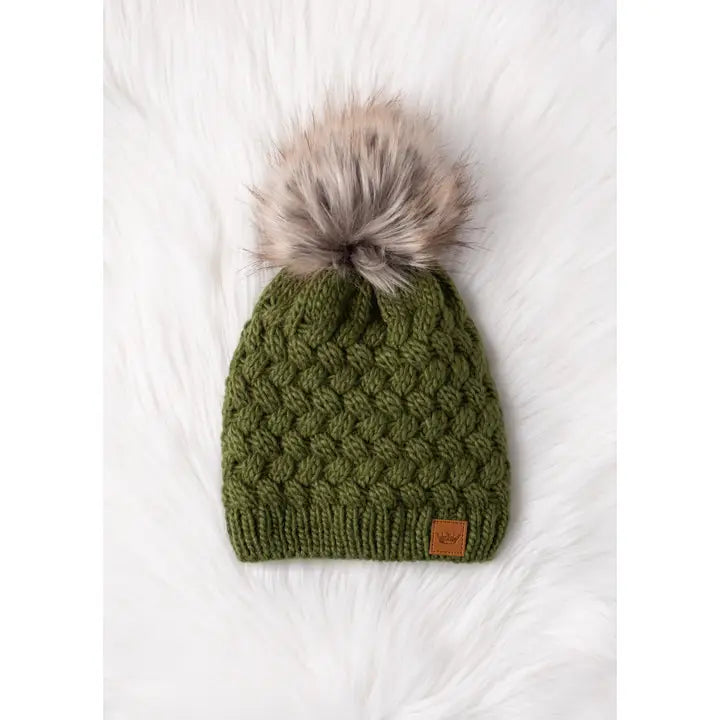 Textured Knit Pom Hat - Olive