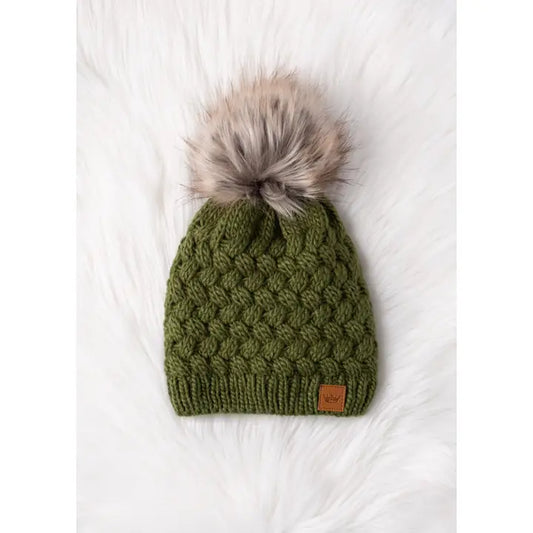 Textured Knit Pom Hat - Olive