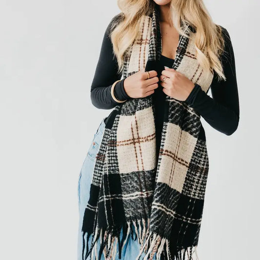 Plaid Fringe Scarf - Black/Camel