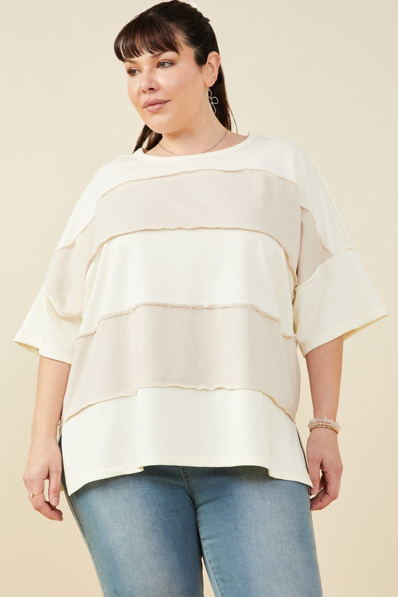 PLUS Raw Edge Color Block Tee - Ivory/Cream