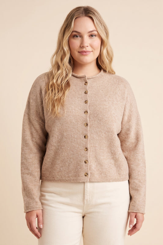 PLUS Rolled Neck Sweater Cardigan - Taupe
