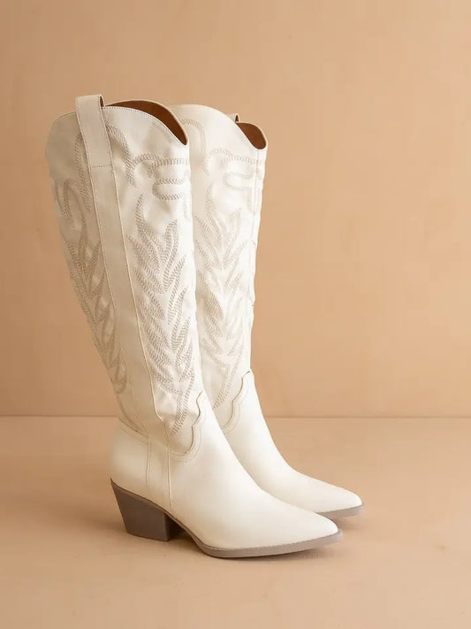 Savannah Embroidered Western Boots - White