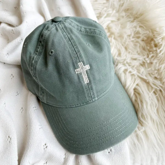 Embroidered Cross Baseball Hat - Sage