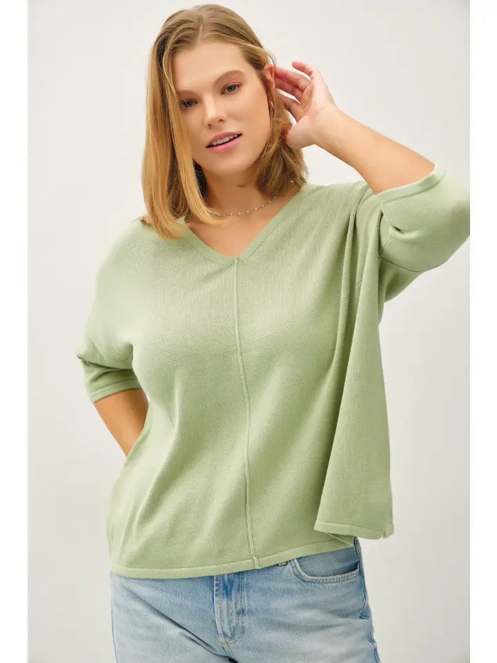 PLUS Cotton Slub V-Neck Top - Sage