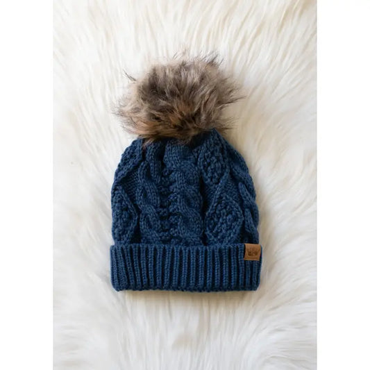 Cable Knit Pom Hat - Steel Blue