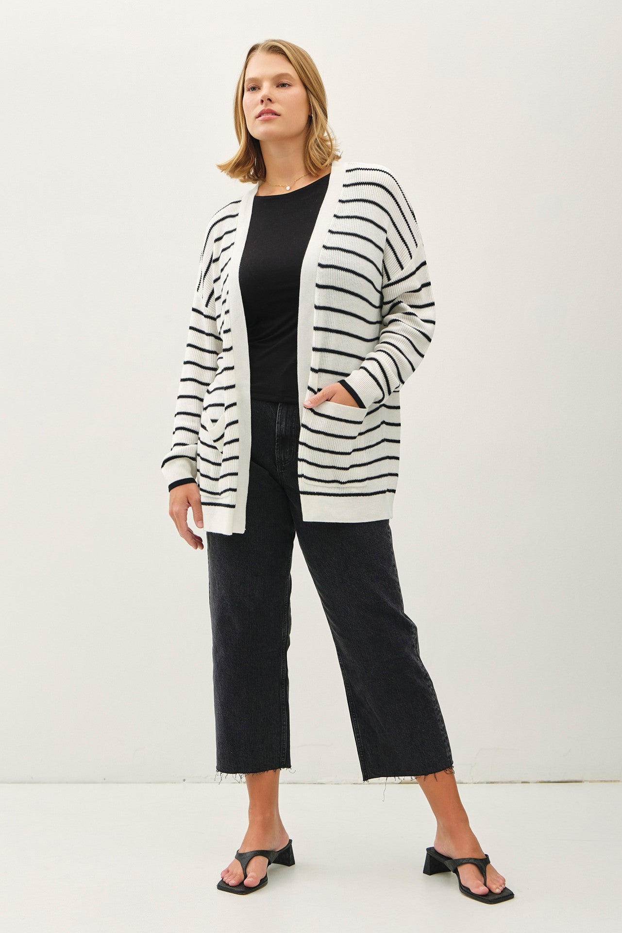 PLUS Striped Drop Shoulder Cardigan - Black/Ivory