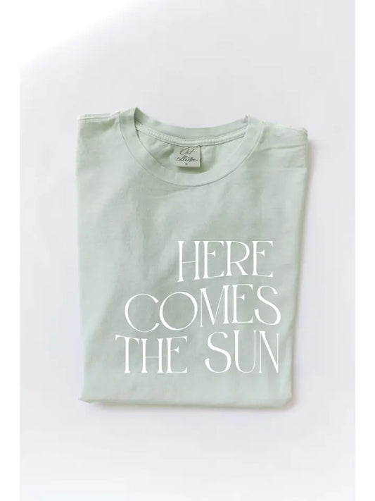 "Here Comes The Sun" Mineral Wash Graphic Tee - Sage