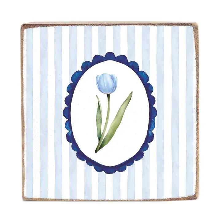 Blue Mirror Tulip Wood Decor Block