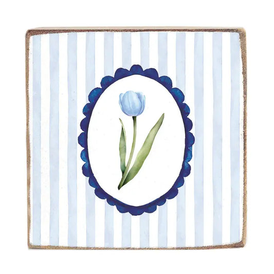 Blue Mirror Tulip Wood Decor Block